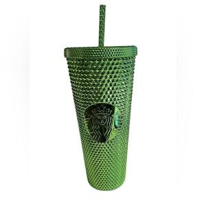 Starbucks 2023 Green Metallic Studded Venti Cup with lid and straw NWT 🍀☘️